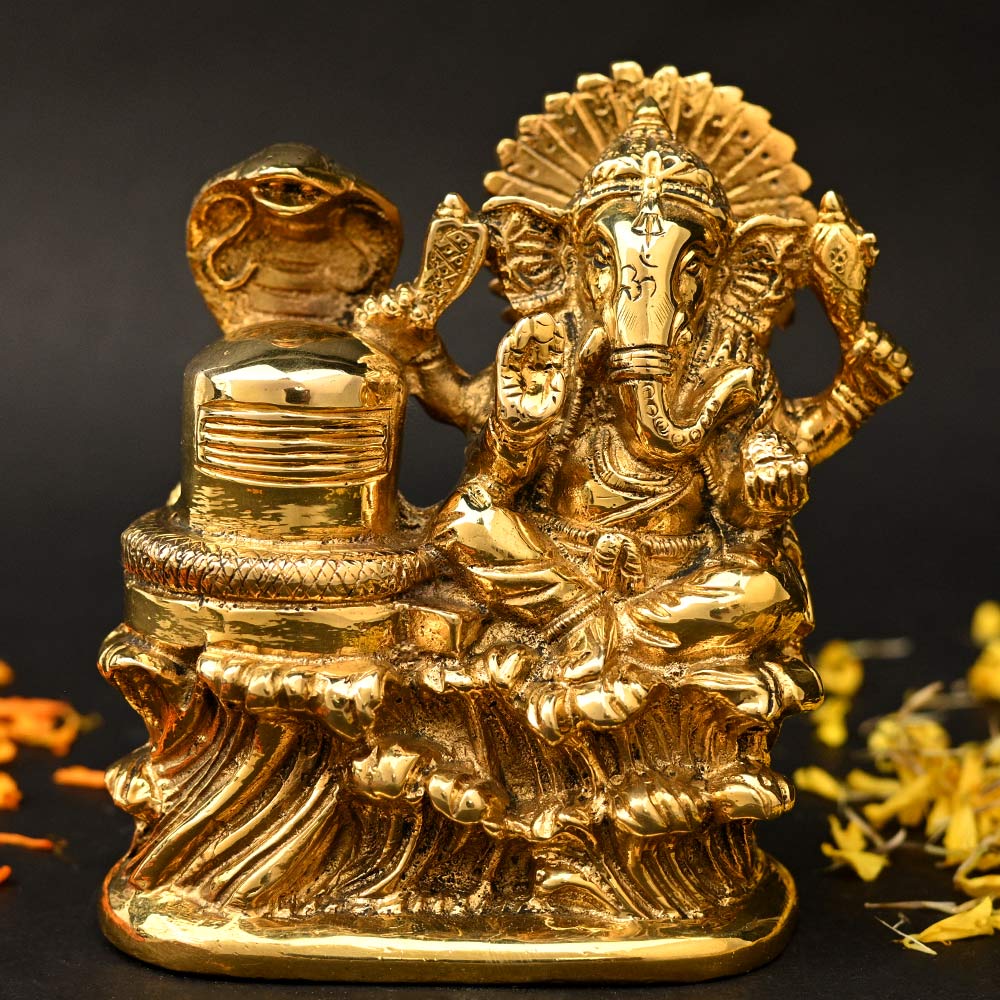 Ganesh with Shivlingam Brass Idol-Antique Finish