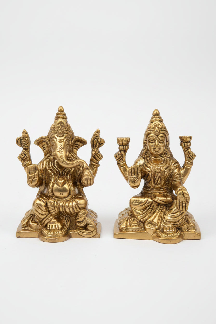 Brass Laxmi Ganesh Idol Set for Home Puja and Office Decor 3.5 Inch