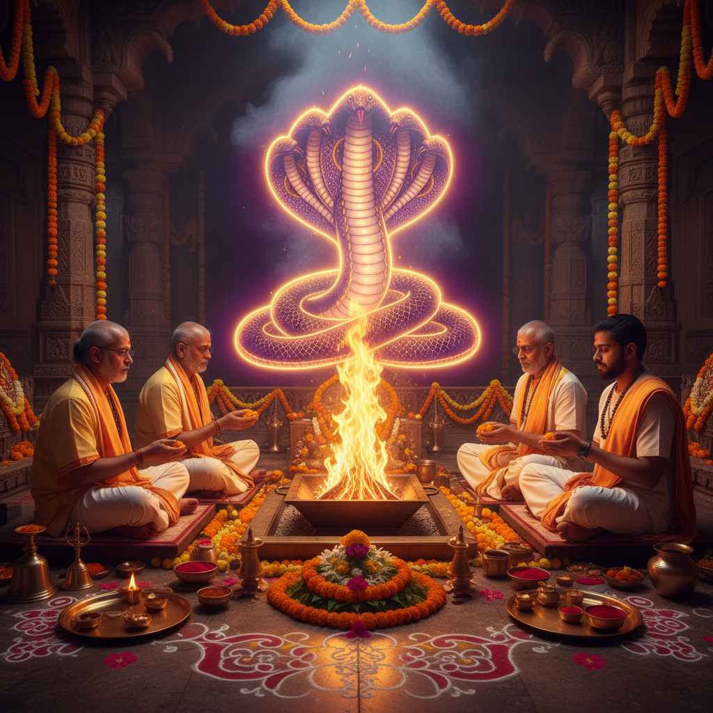 Nag Panchami Puja, Square image of  Puja with specific Lord visuals glowing in the background, 4–6 pandits sitting and performing pooja around a havan kund, traditional setup, spiritual atmosphere, high-quality.