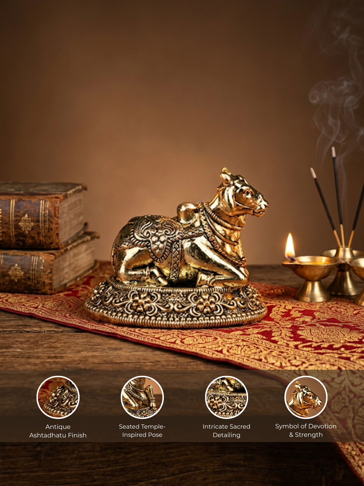 Decorative gold bull statue on a wooden surface with incense and books.