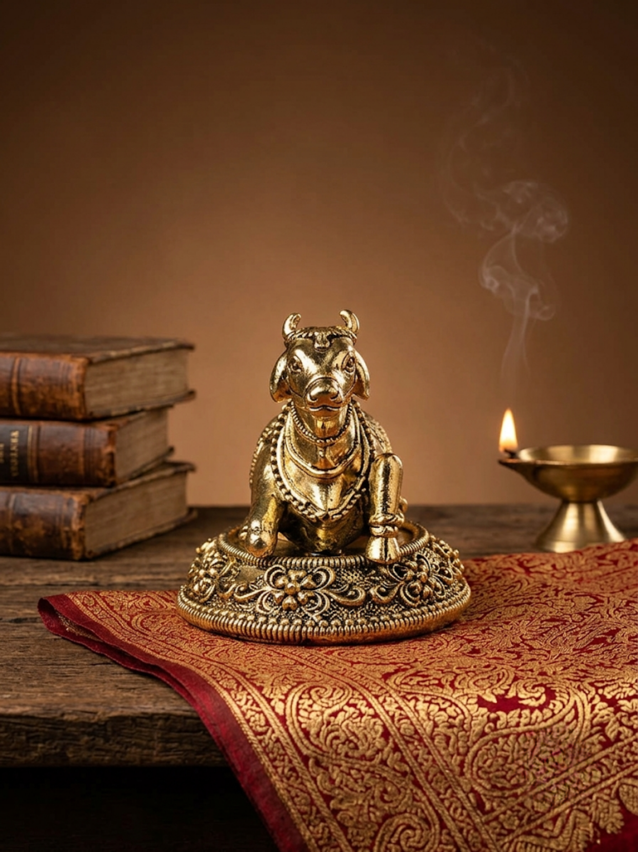 Decorative brass bull statue on a wooden table with a lit candle and books in the background.