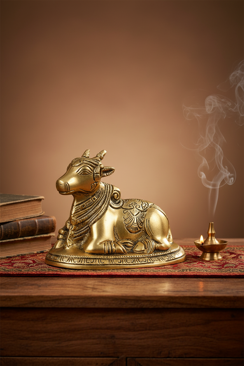 Nandi Brass Idol Handcrafted Pure Brass Sacred Bull of Lord Shiva Puja Murti for Home Mandir - ManiMonk