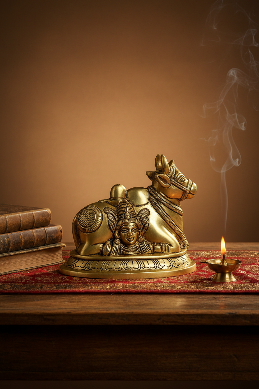 Nandi with Shiva Parvati Face Brass Idol Handcrafted Pure Brass Rare Nandi Murti for Home Mandir - ManiMonk