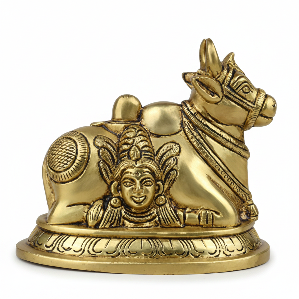 Nandi with Shiva Parvati Face Brass Idol Handcrafted Pure Brass Rare Nandi Murti for Home Mandir - ManiMonk
