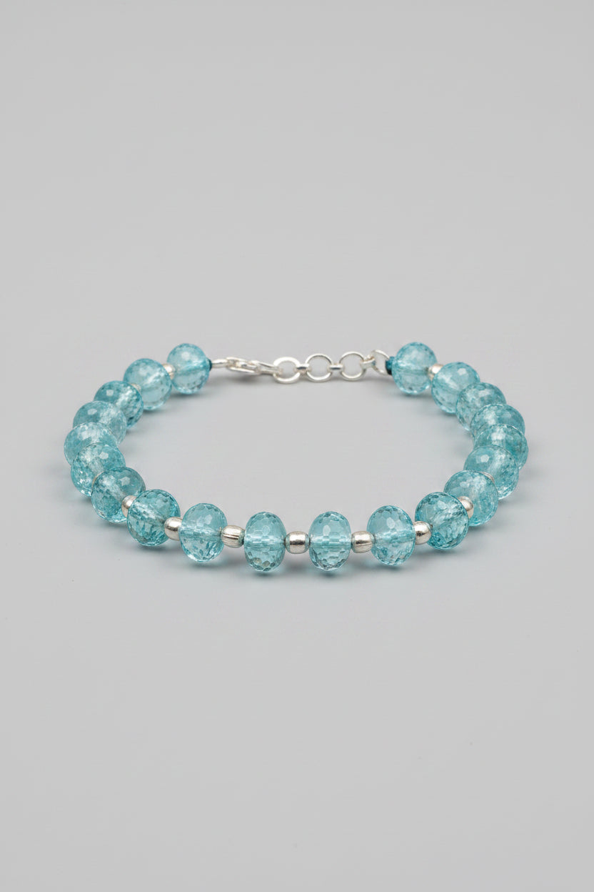 Natural Aquamarine Button Shape Bracelet with Silver Balls | Faceted Gemstone Bracelet