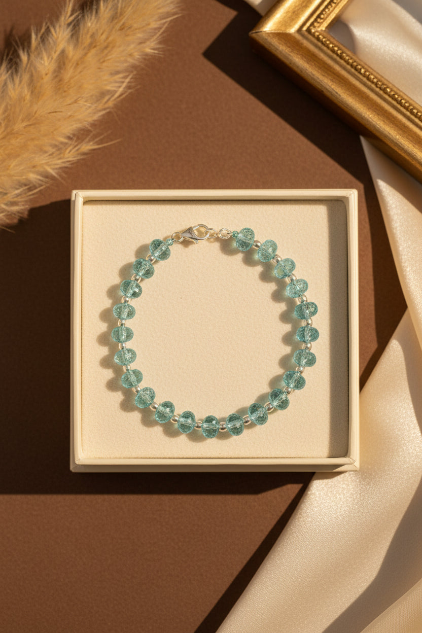 Mani Monk Natural Aquamarine Button Shape Bracelet with Silver Balls | Faceted Gemstone Bracelet