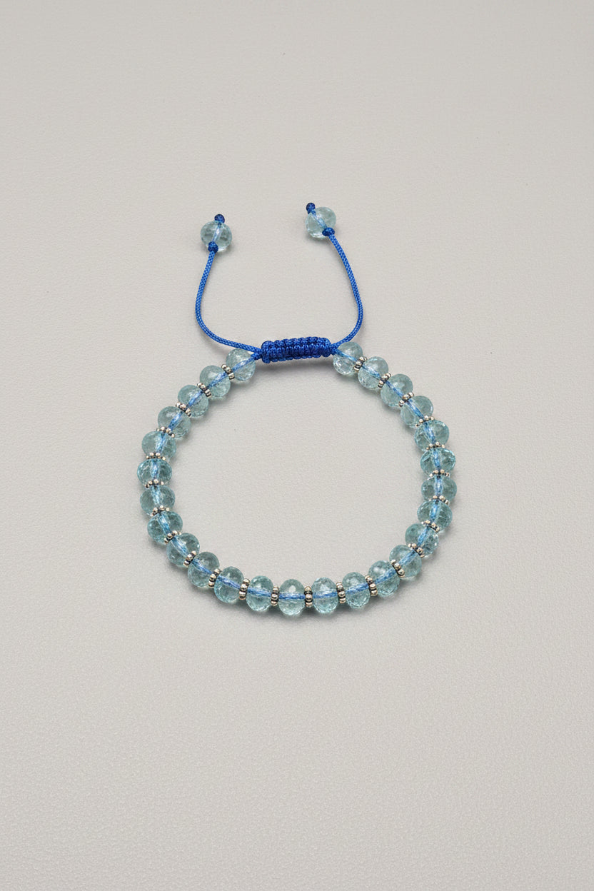 Natural Aquamarine Faceted Elliptical Silver Chakri Bracelet | 10mm Healing Gemstone Bracelet - ManiMonk