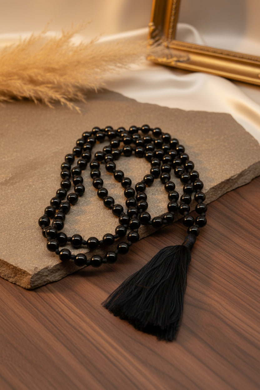 Natural Black Agate Mala – 108+1 Beads | 10 mm Gemstone | 40 Inch mani monk