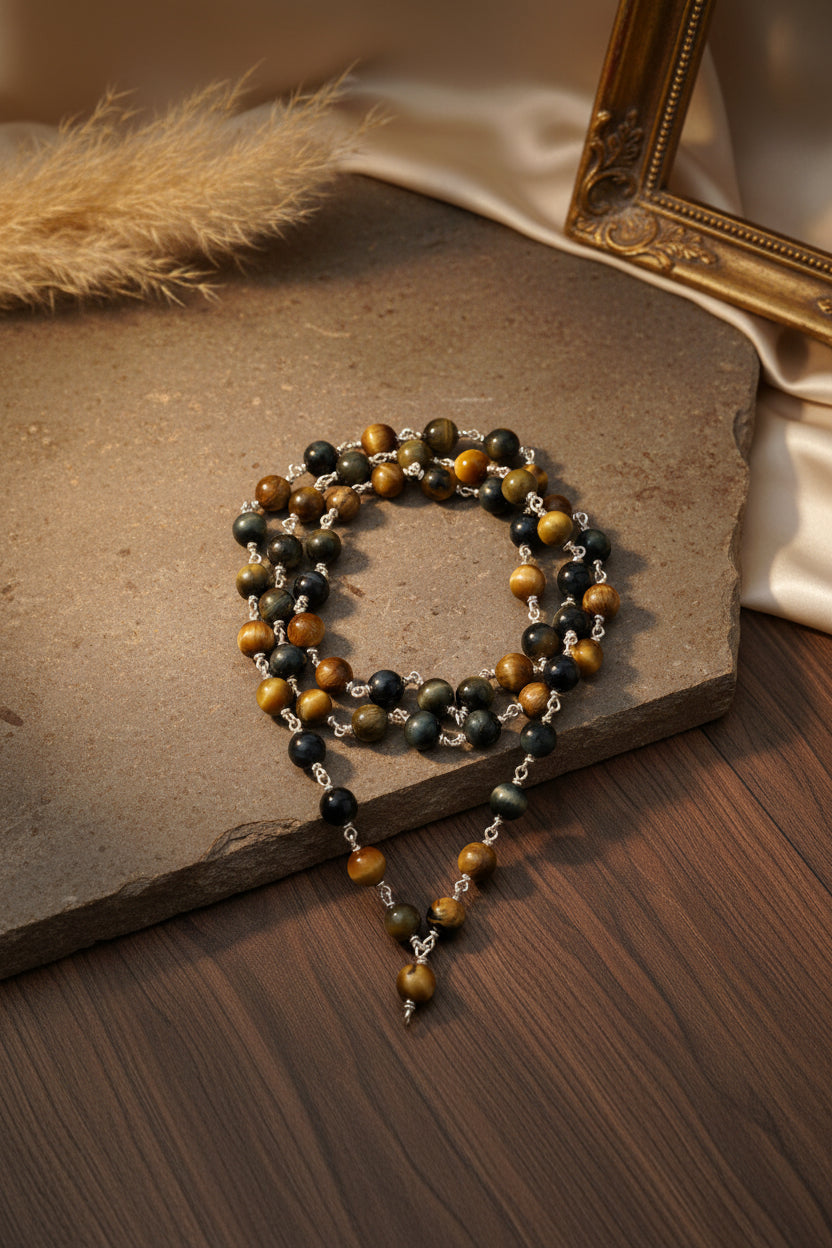 Natural Black Cat's Eye 925 Silver Wire Wrapped Mala | Gemstone Necklace