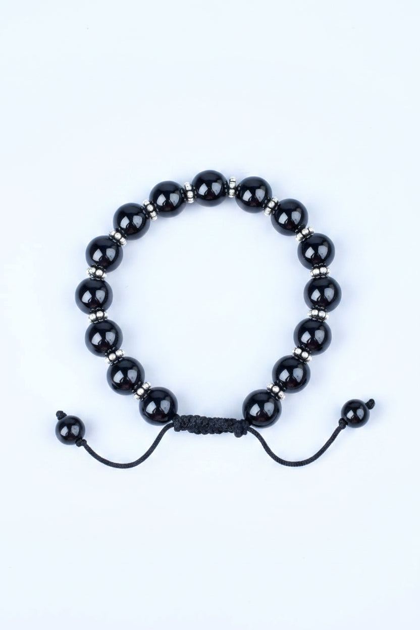 Natural Black Tourmaline 925 Silver Chakri Adjustable Bracelet | 8mm Healing Gemstone Bracelet - ManiMonk