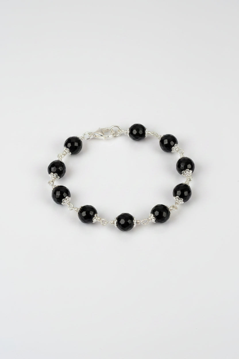 Natural Black Agate Faceted Bracelet with Pure Silver Flower Caps (10mm) | Healing & Meditation Gemstone Bracelet - ManiMonk