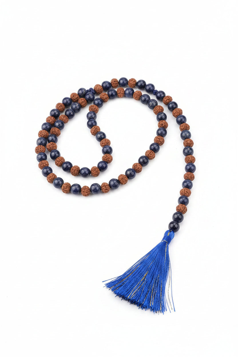 Natural Blue Sapphire & Panchmukhi Rudraksha Mala Gemstone