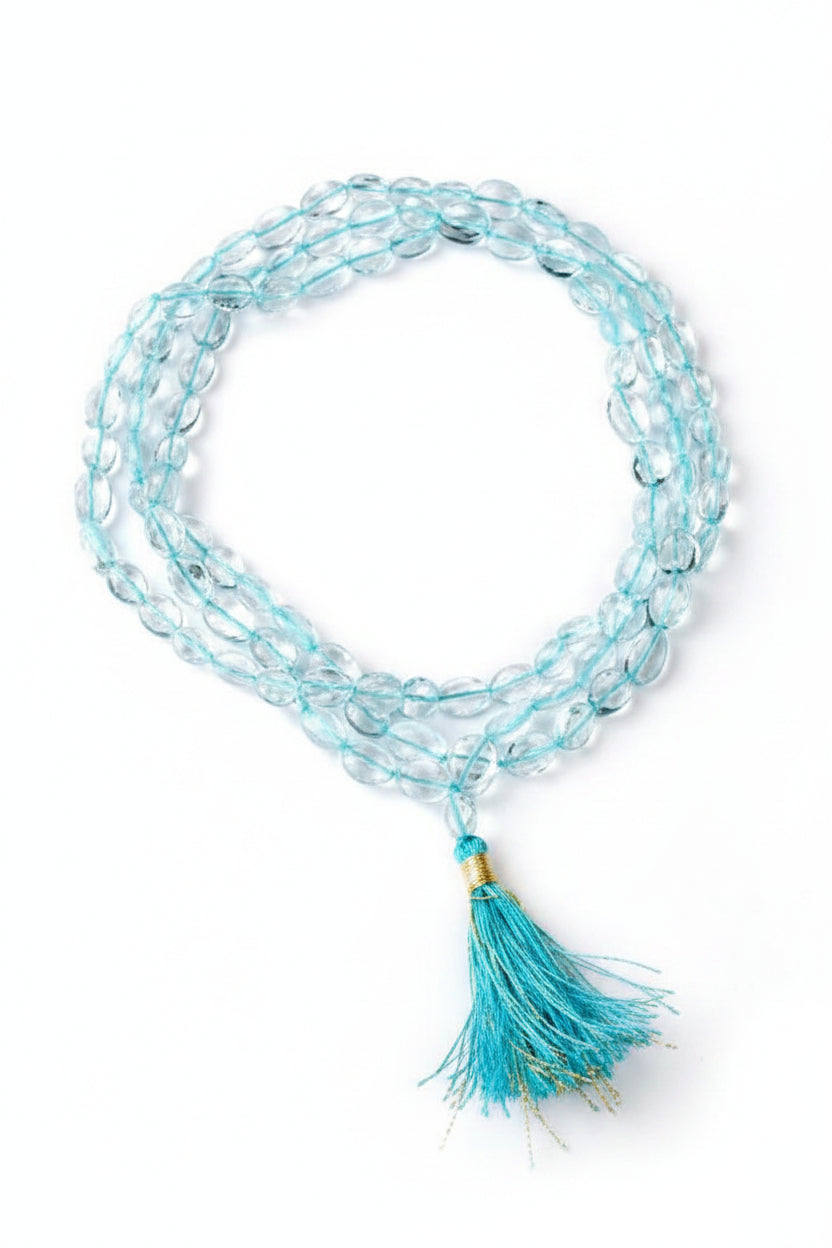 Natural Blue Topaz Mala Oval Beads-108+1 Beads Gemstone - ManiMonk