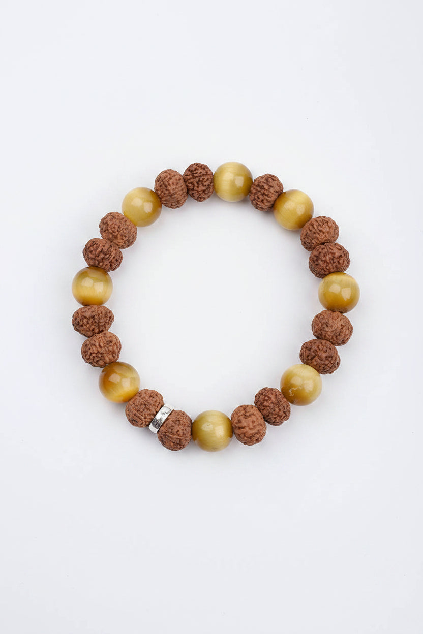 Natural Brown Cat's Eye & 8 Mukhi Rudraksha Bracelet – 8mm Healing & Meditation Gemstone Bracelet - ManiMonk
