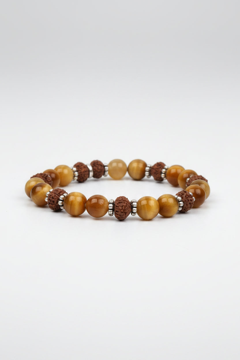 Natural Brown Cats Eye & 8 Mukhi Rudraksha German Silver Chakri Bracelet | 10mm Healing Gemstone Bracelet - ManiMonk
