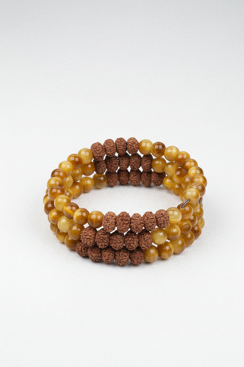 Natural Brown Cat's Eye & 8 Mukhi Rudraksha Spiral Stack Bracelet | 8mm Healing Gemstone Bracelet - ManiMonk