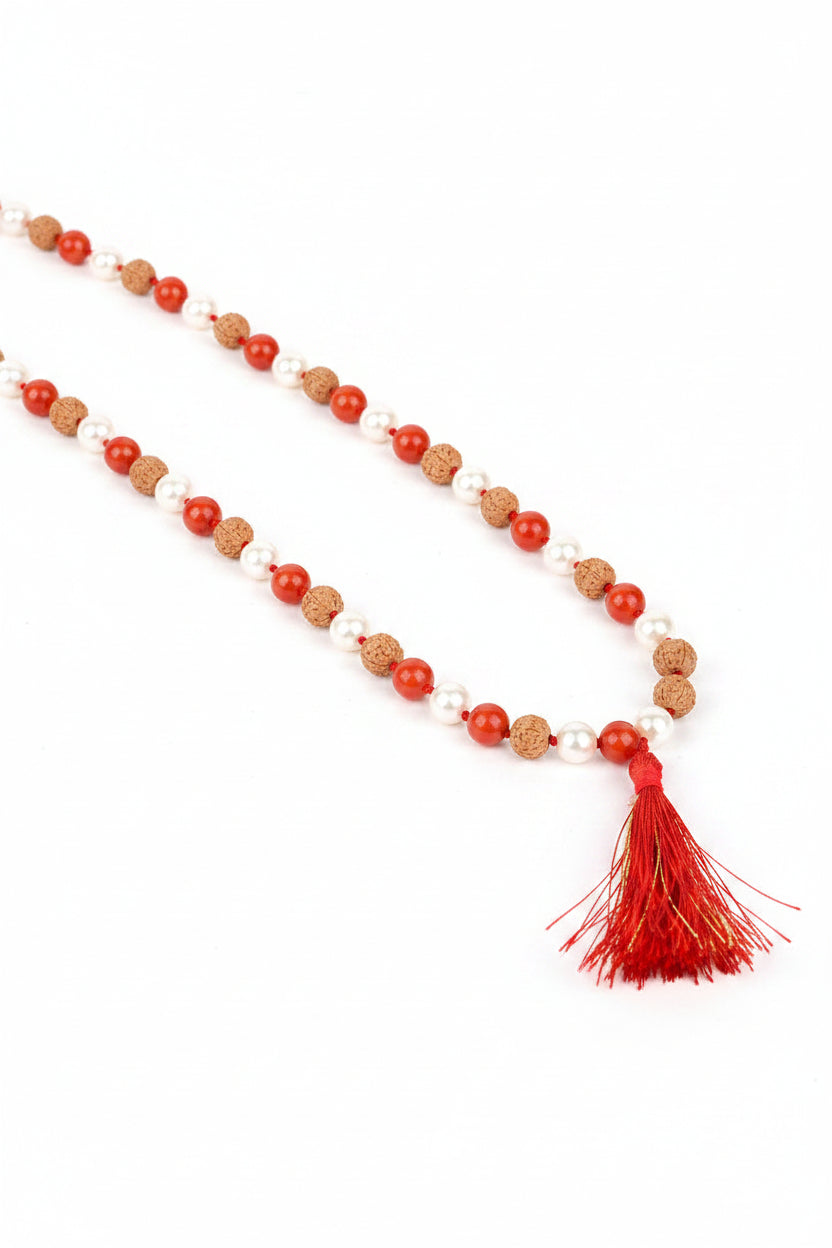 Natural Coral 6 mukhi Rudraksha & Pearl Mala-8 mm Gemstone - ManiMonk