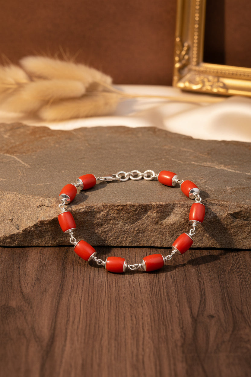 Natural Coral Drum Bracelet with 925 Silver Caps | 10x8mm Healing & Meditation Gemstone Bracelet