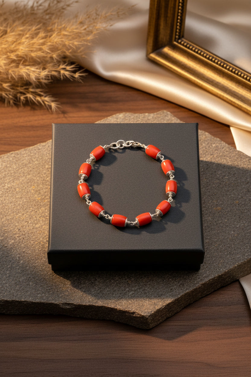 Natural Coral Drum Bracelet with 925 Silver Caps | 10x8mm Healing & Meditation Gemstone Bracelet
