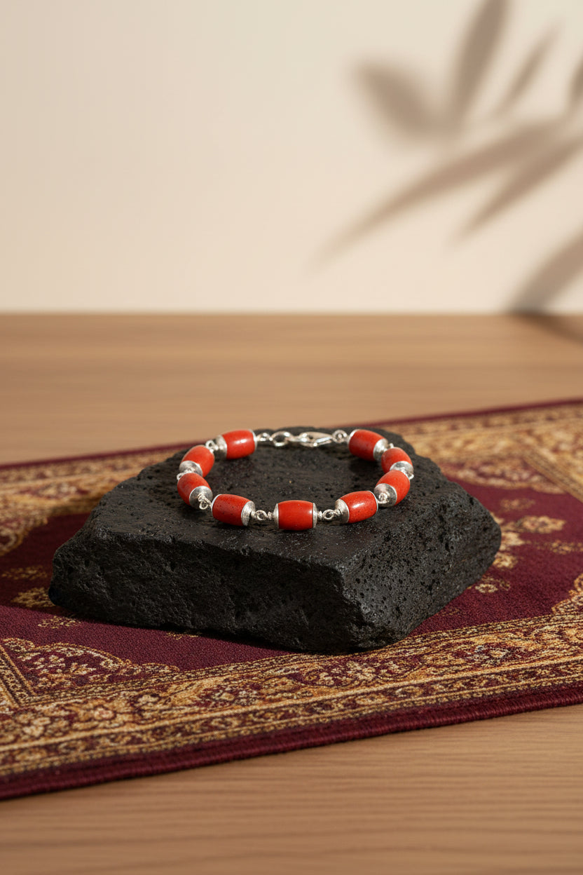 Natural Coral Drum Bracelet with 925 Silver Caps | 10x8mm Healing & Meditation Gemstone Bracelet - ManiMonk