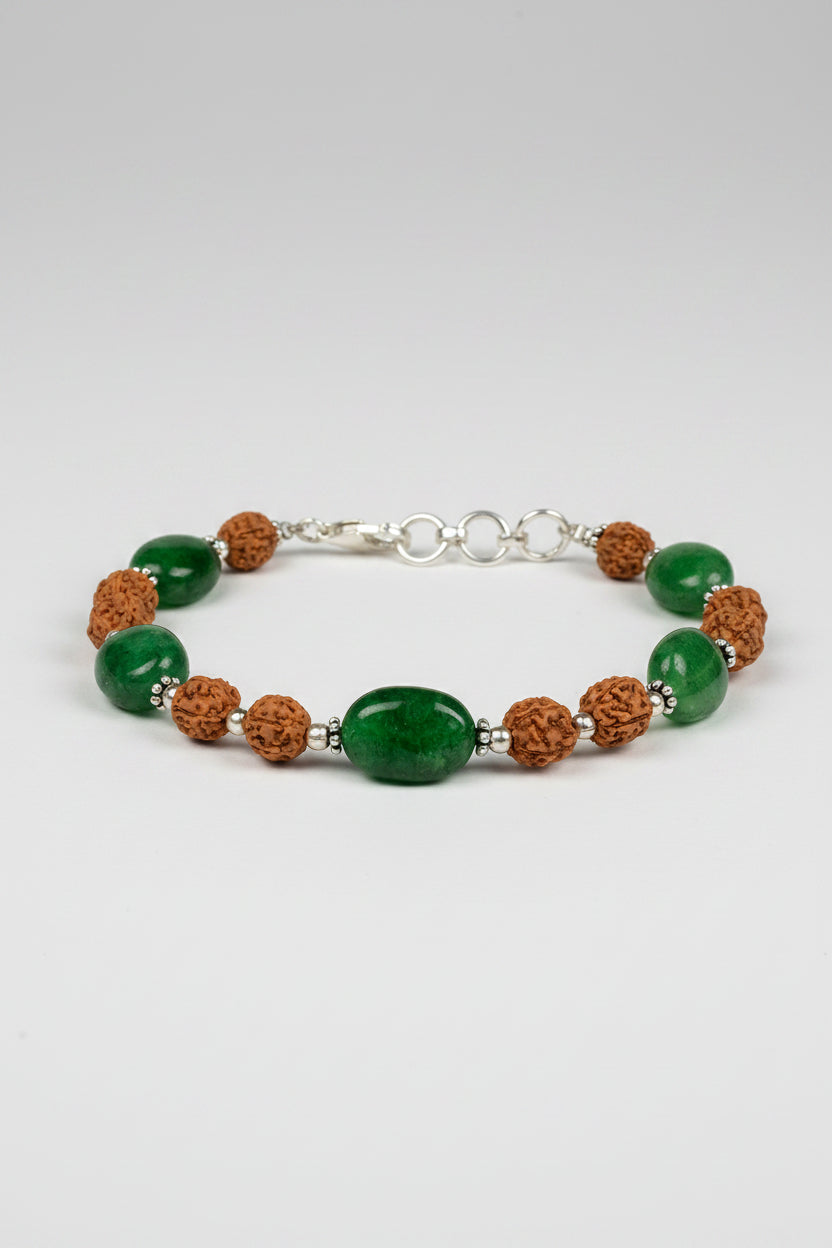Natural Emerald Oval & 5 Mukhi Rudraksha Silver Bracelet | 30 Carat Healing Gemstone Bracelet - ManiMonk