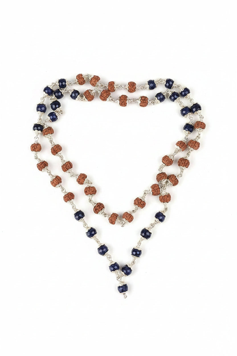 Natural Faceted Blue Sapphire & Rudraksha 925 Silver Flower Caps Mala Gemstone