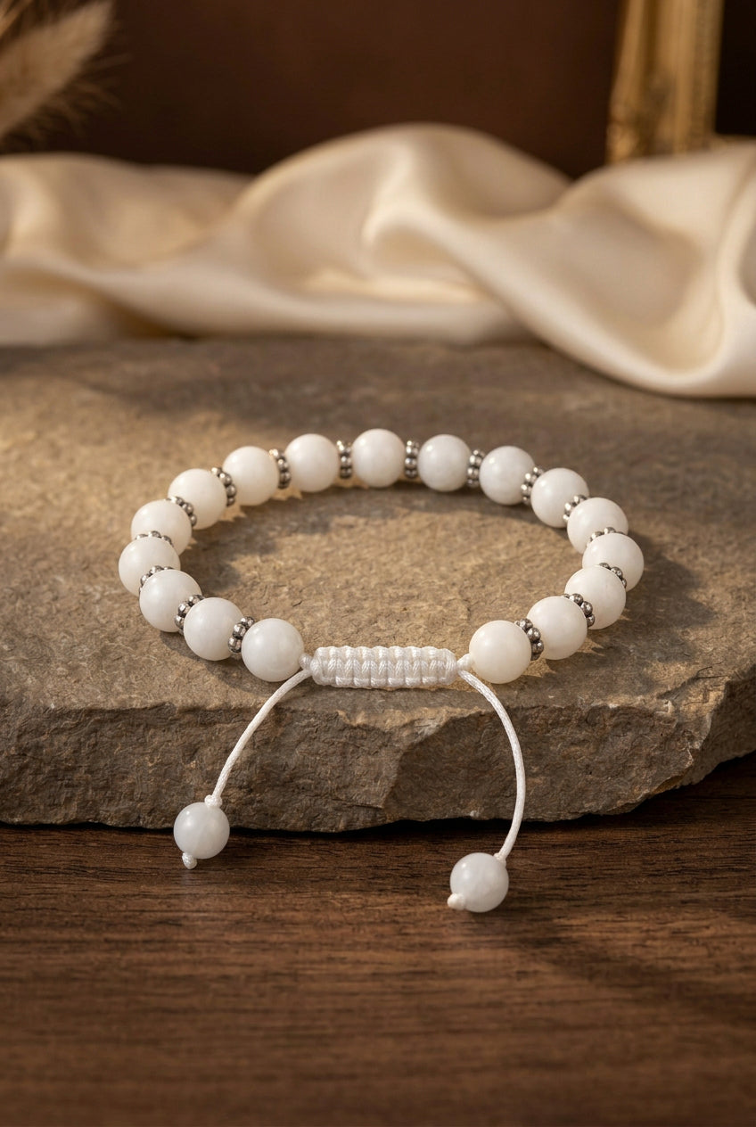 Natural Faceted White Jade Chakri Bracelet | German Silver | Healing & Meditation - ManiMonk