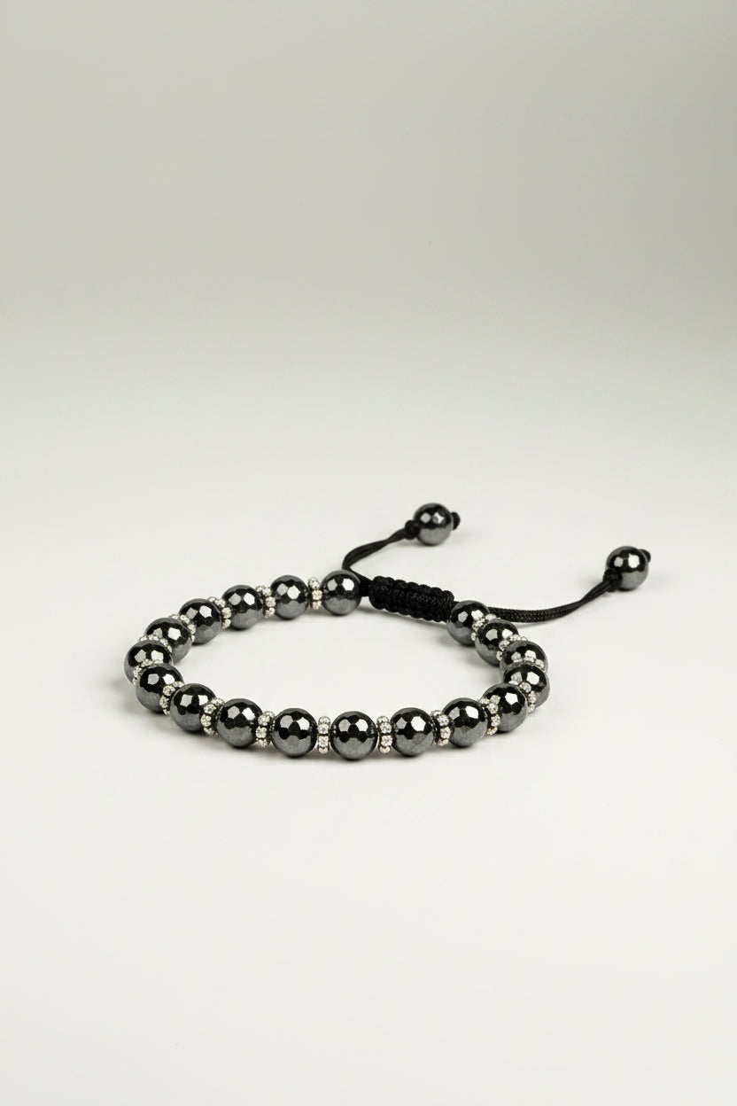Natural Hematite Faceted Beads German Silver Chakri Adjustable Bracelet - ManiMonk