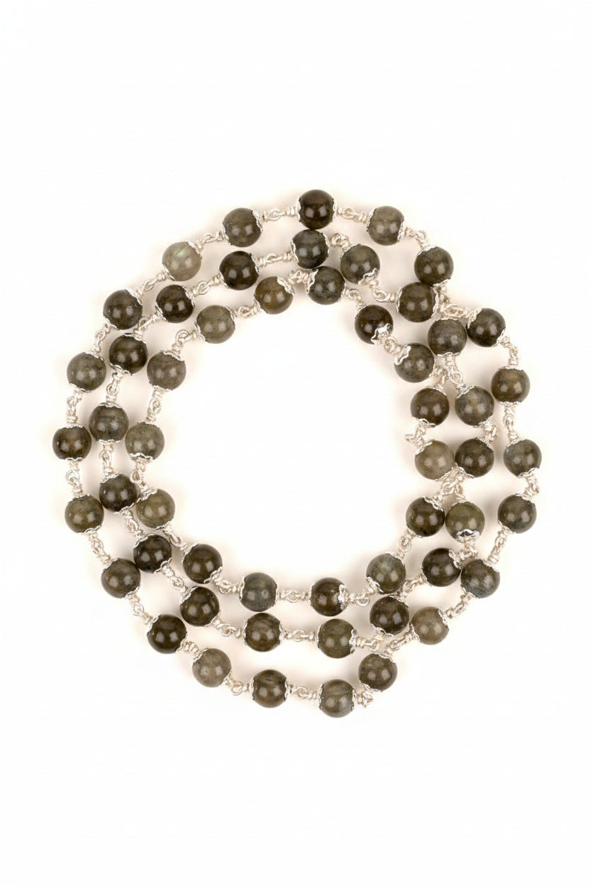 Natural Labradorite 925 Sliver Flower Caps Mala-8 mm Gemstone - ManiMonk