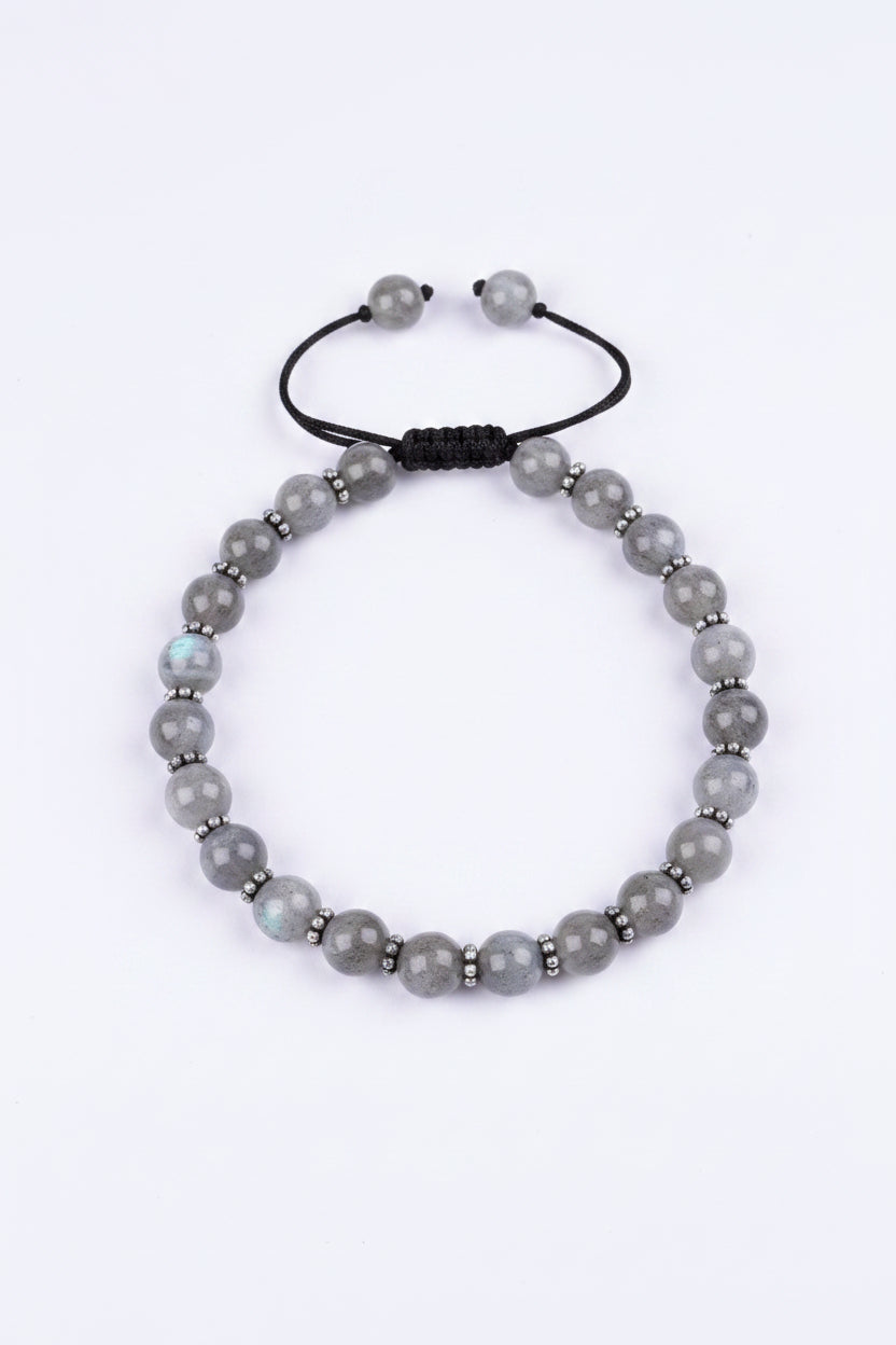 Natural Labradorite Silver Chakri Bracelet | 8mm Gemstone Bracelet for Healing & Meditation - ManiMonk