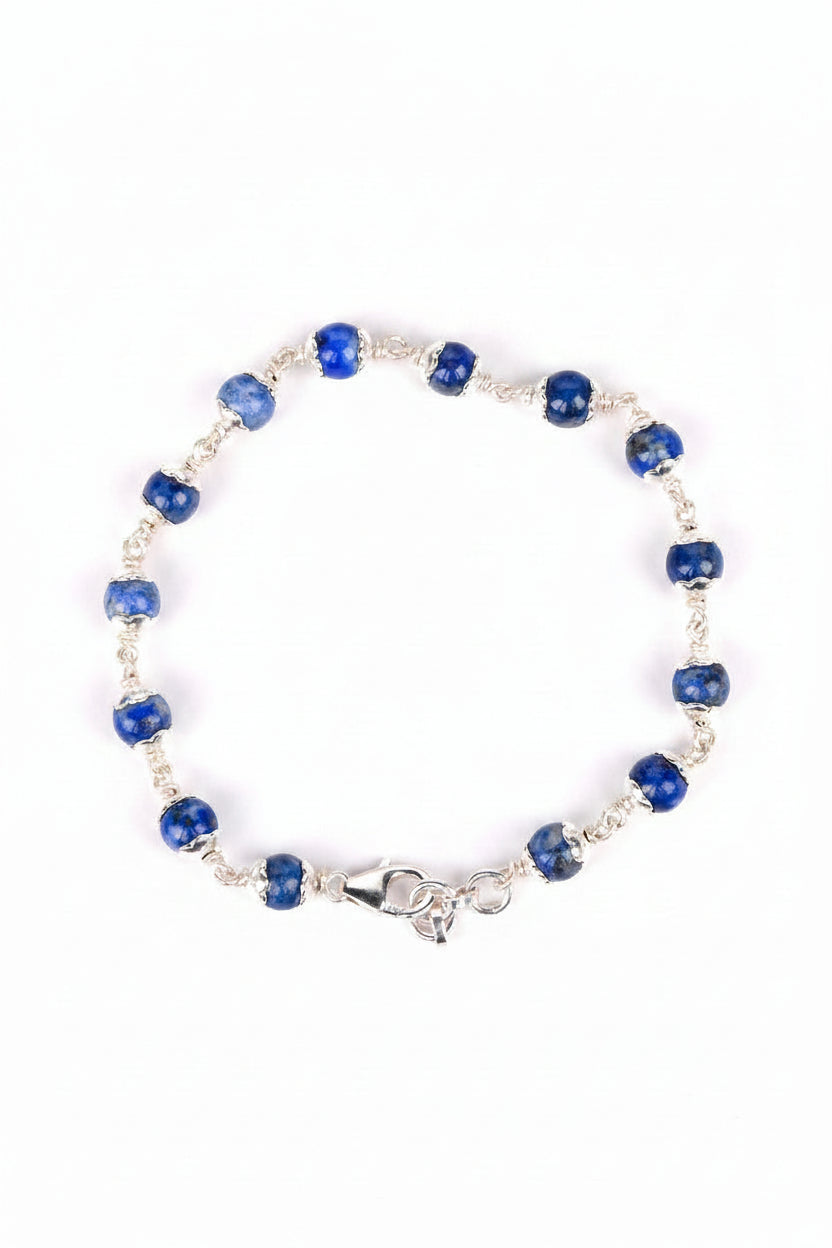 Natural Lapis Lazuli 925 Silver Flower Caps Bracelet – 8mm Gemstone Bracelet for Healing, Meditation & Positive Energy - ManiMonk