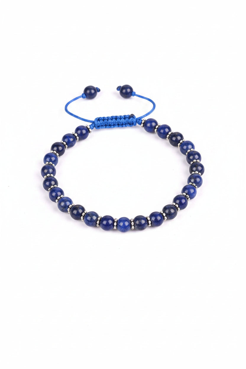 Natural Lapis Lazuli Silver Chakri Adjustable Bracelet – 10 mm Gemstone Bracelet - ManiMonk