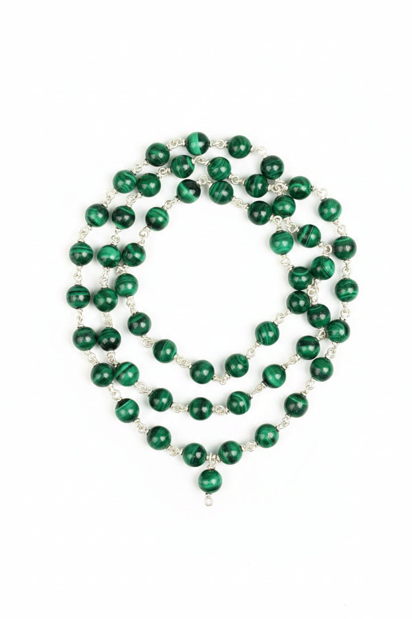 Natural Malachite 925 Silver Wire Wrapped Mala – 8mm Gemstone Beads - ManiMonk
