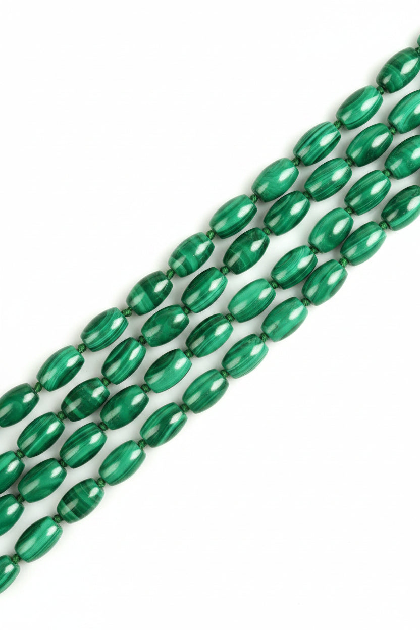 Natural Malachite Drum Shape Beads Mala | Heart Chakra - ManiMonk