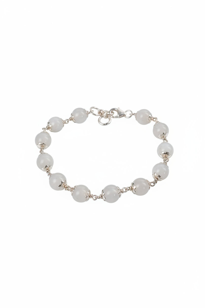 Natural Moonstone Bracelet with Silver Flower Caps – 10mm Gemstone Bracelet for Healing, Meditation & Positive Energy - ManiMonk