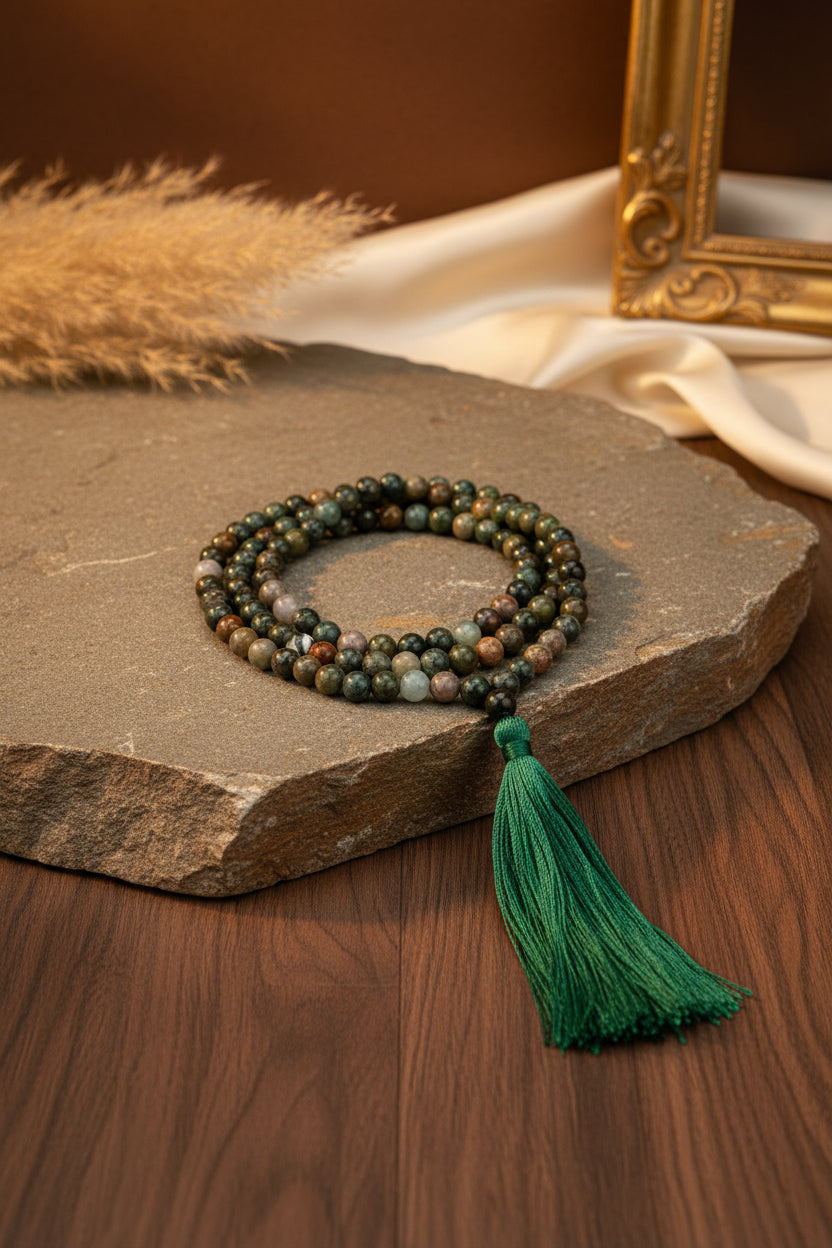 Natural Moss Agate Mala – 6 mm | Abundance & Nature