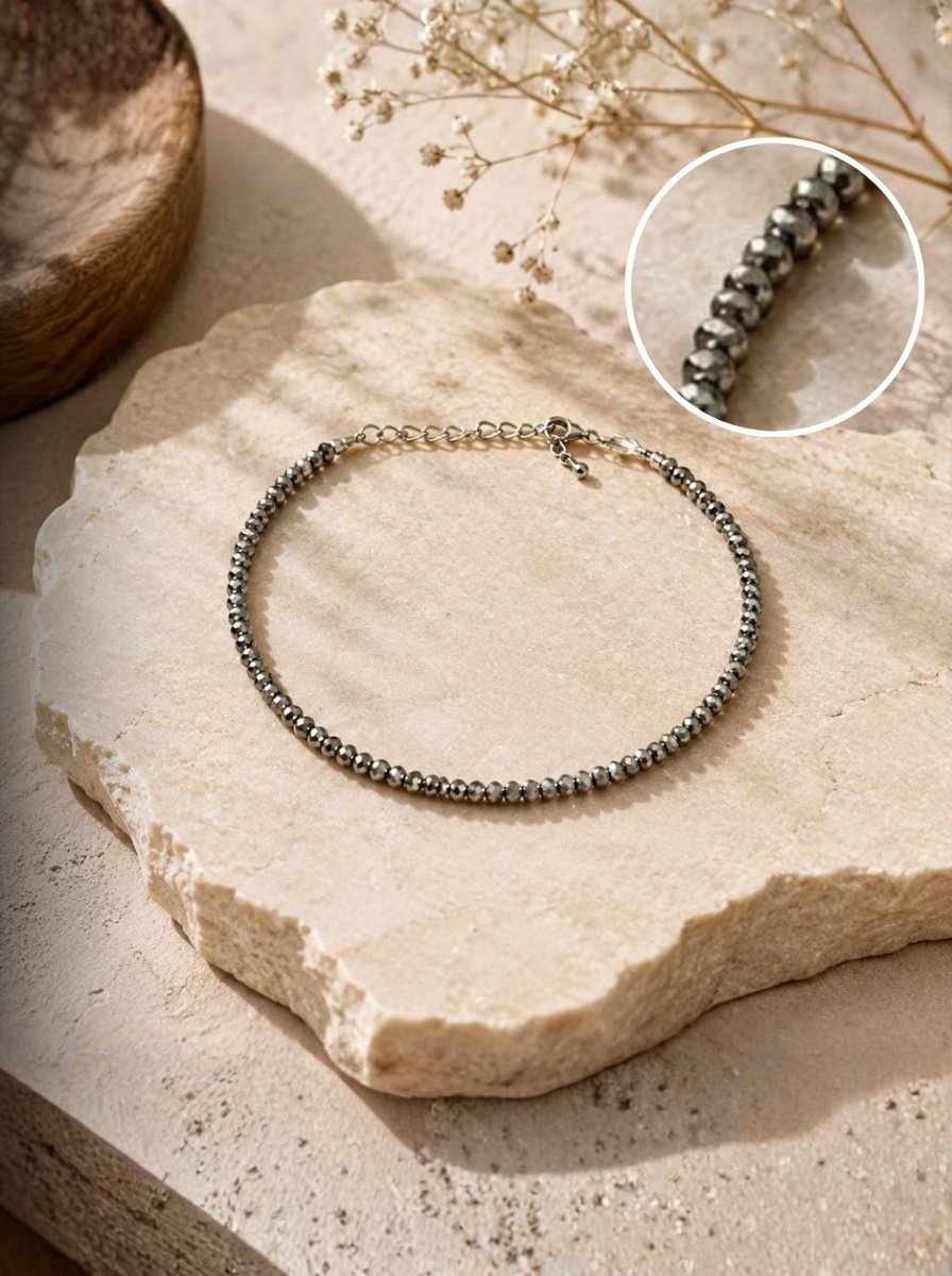ManiMonk Natural Pyrite Diamond Cut Anklet featuring premium faceted natural pyrite crystal beads, handcrafted adjustable design for wealth, success, prosperity, abundance, protection, positive energy, confidence, and everyday spiritual wear.