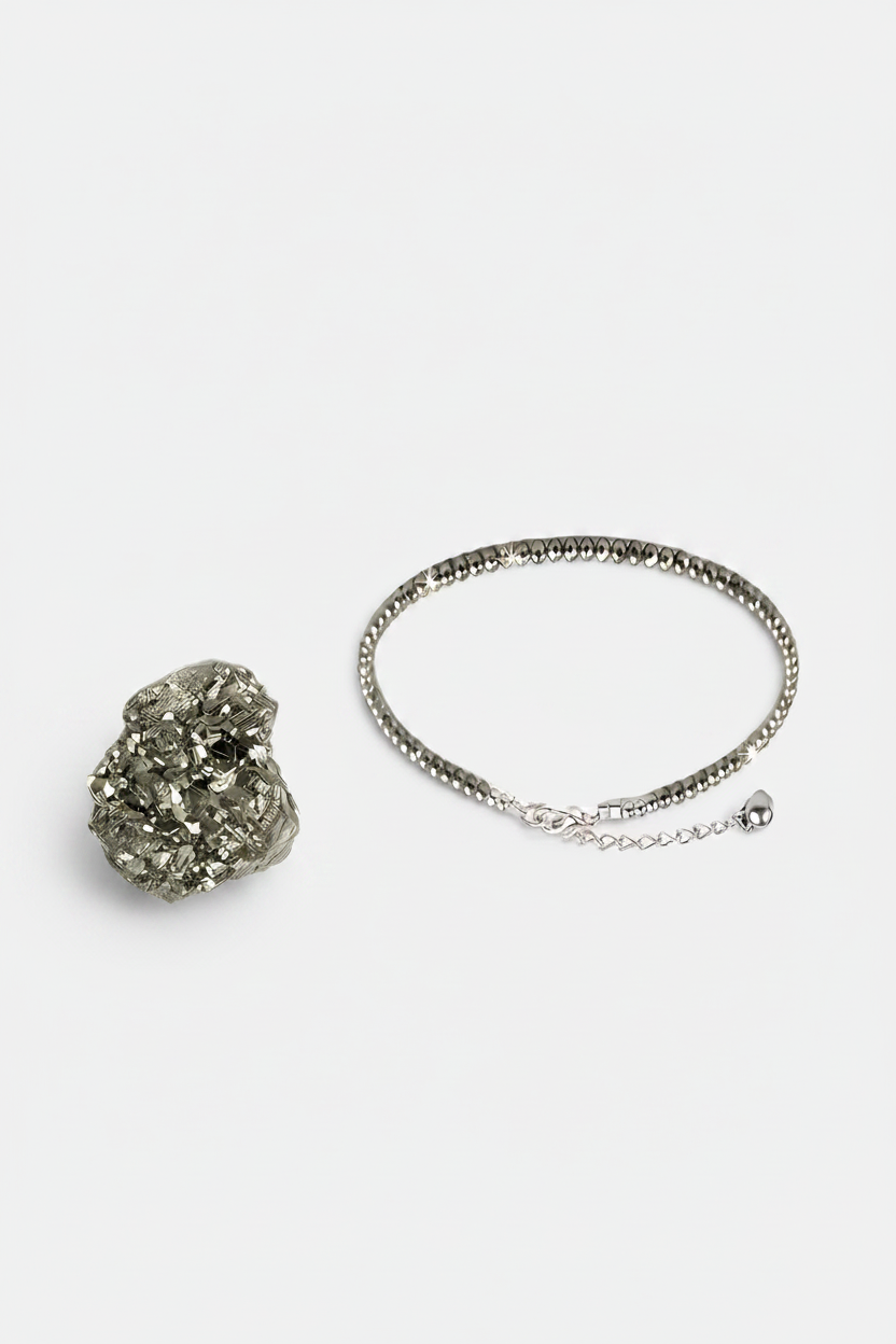 Natural Pyrite Diamond Cut Anklet for Wealth, Success & Protection with polished faceted pyrite crystal beads and adjustable handcrafted design.