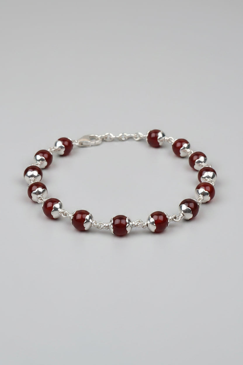 Natural Red Carnelian 925 Silver Flower Caps Bracelet – 8mm Gemstone Bracelet - ManiMonk