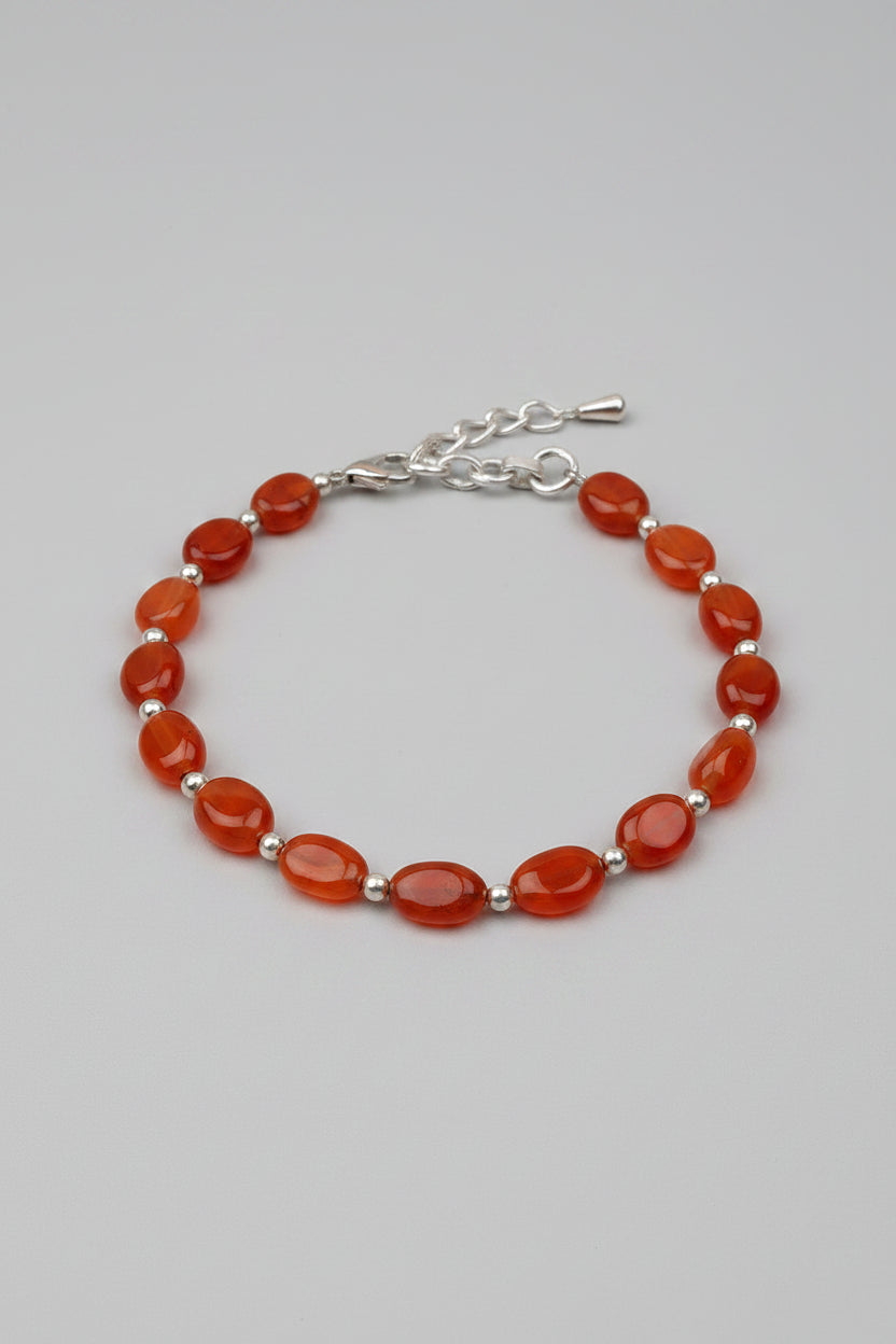 Natural Red Carnelian Flat Oval Beads & German Silver Ball Bracelet | Healing & Meditation Gemstone Bracelet - ManiMonk