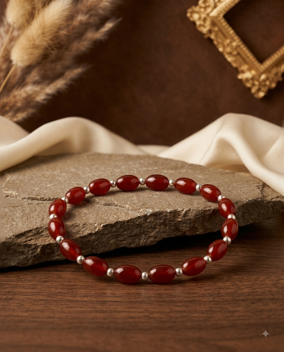 Mani Monk Natural Red Carnelian Oval Beads & German Silver Ball Bracelet