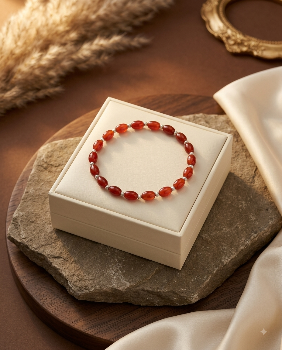 Mani Monk Natural Red Carnelian Oval Beads & German Silver Ball Bracelet