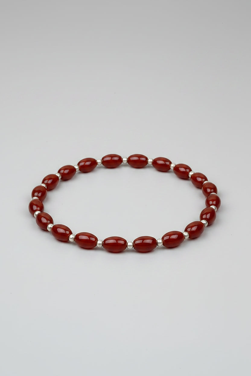 Natural Red Carnelian Oval Beads & German Silver Ball Bracelet - ManiMonk
