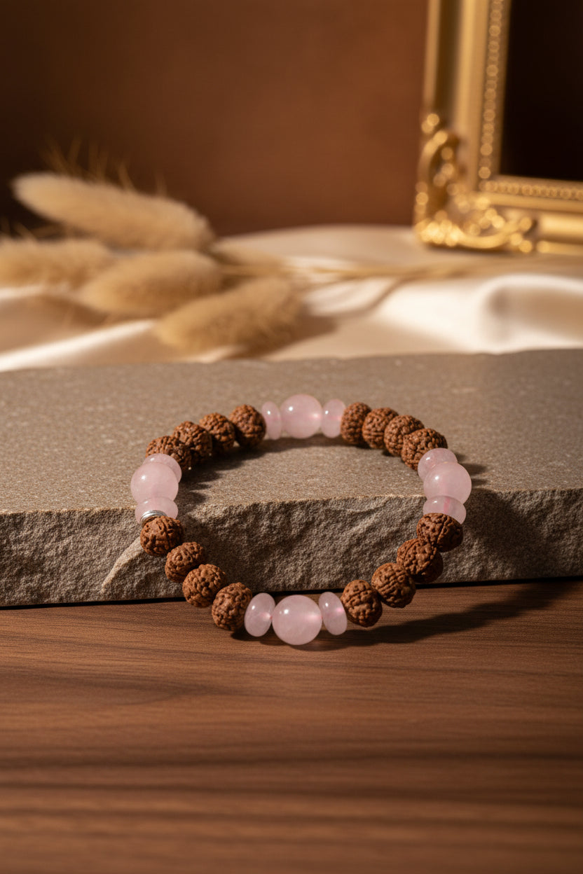 Natural Rose Quartz & 7 Mukhi Rudraksha Bracelet | 8mm Healing & Meditation Gemstone Bracelet - ManiMonk