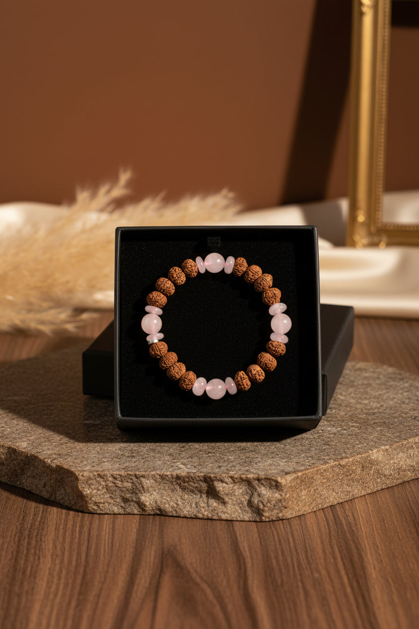 Natural Rose Quartz & 7 Mukhi Rudraksha Bracelet | 8mm Healing & Meditation Gemstone Bracelet