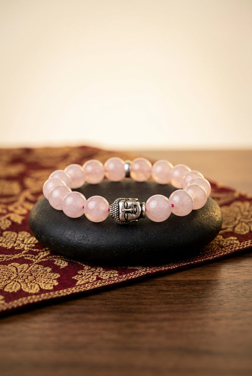 Natural Rose Quartz Buddha Charm Bracelet | 10mm Gemstone Bracelet for Healing & Meditation