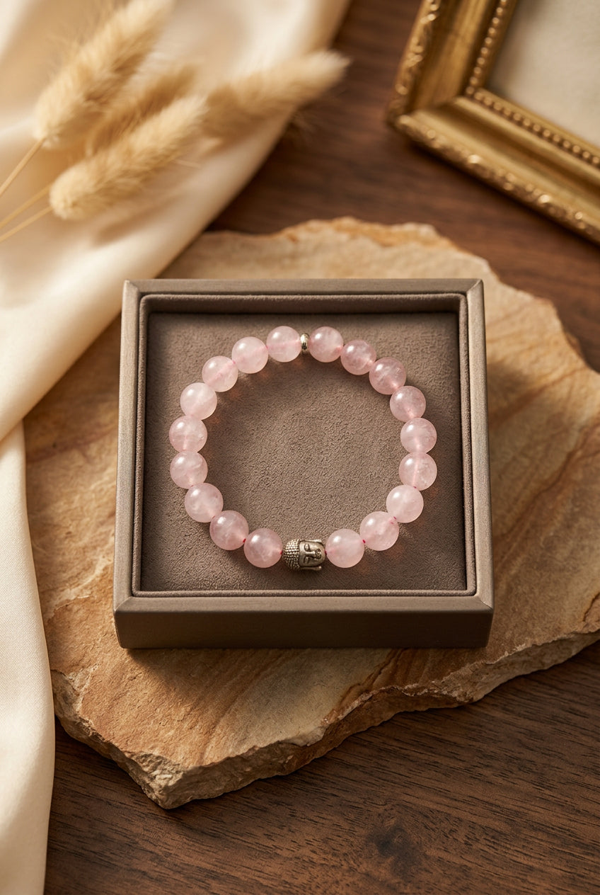 Natural Rose Quartz Buddha Charm Bracelet | 10mm Gemstone Bracelet for Healing & Meditation