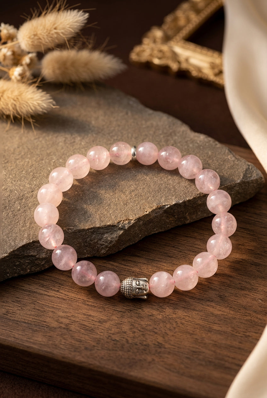 Natural Rose Quartz Buddha Charm Bracelet | 10mm Gemstone Bracelet for Healing & Meditation