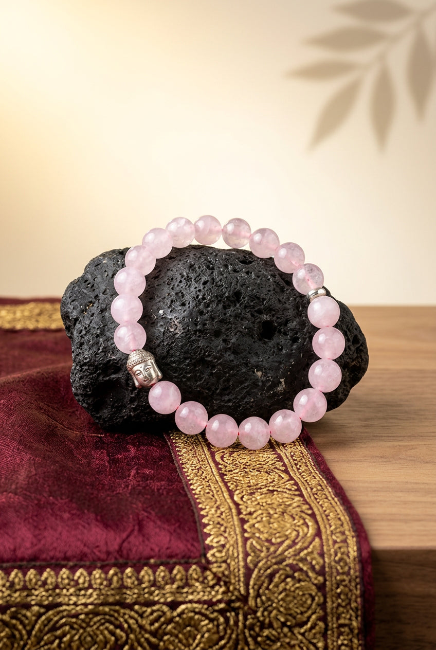 Natural Rose Quartz Buddha Charm Bracelet | 10mm Gemstone Bracelet for Healing & Meditation mani monk