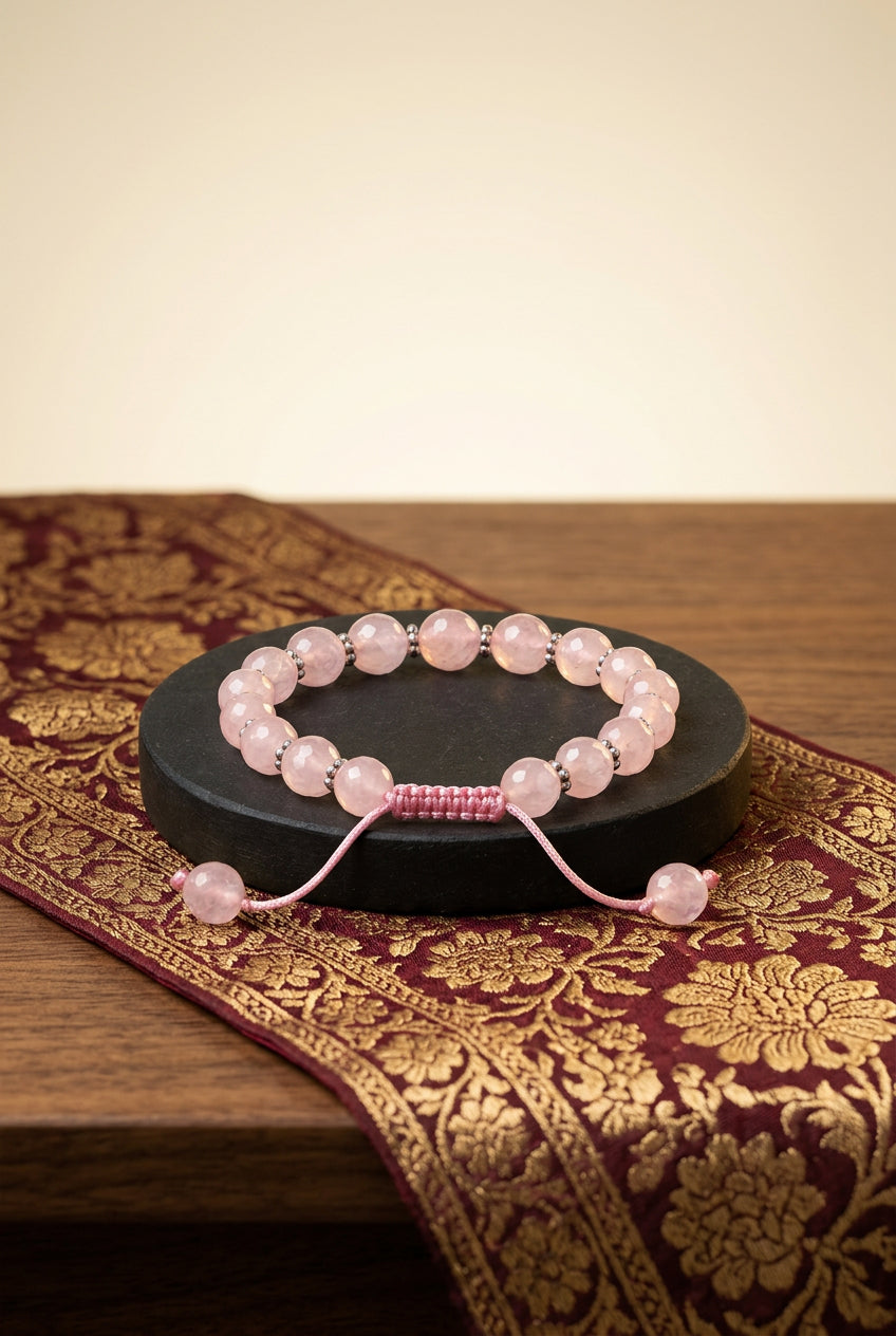 Natural Rose Quartz Faceted Bracelet | German Silver Chakri | 10mm Adjustable Gemstone Bracelet